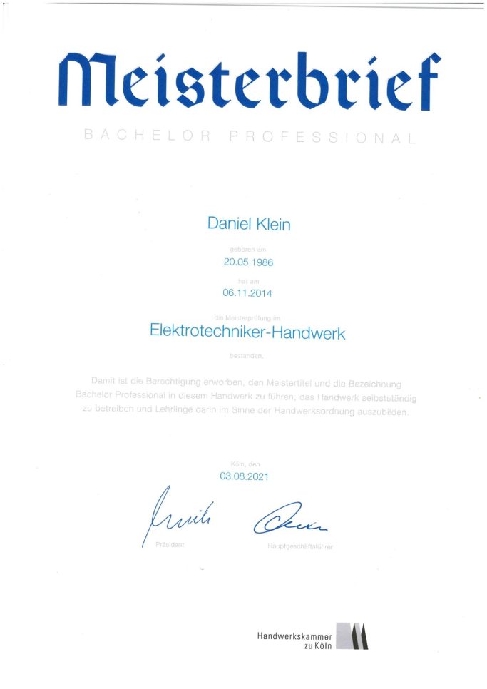 Meisterbrief mit blauem Schriftzug und Unterschrift, Zertifikat für Ausbildungsabschluss.